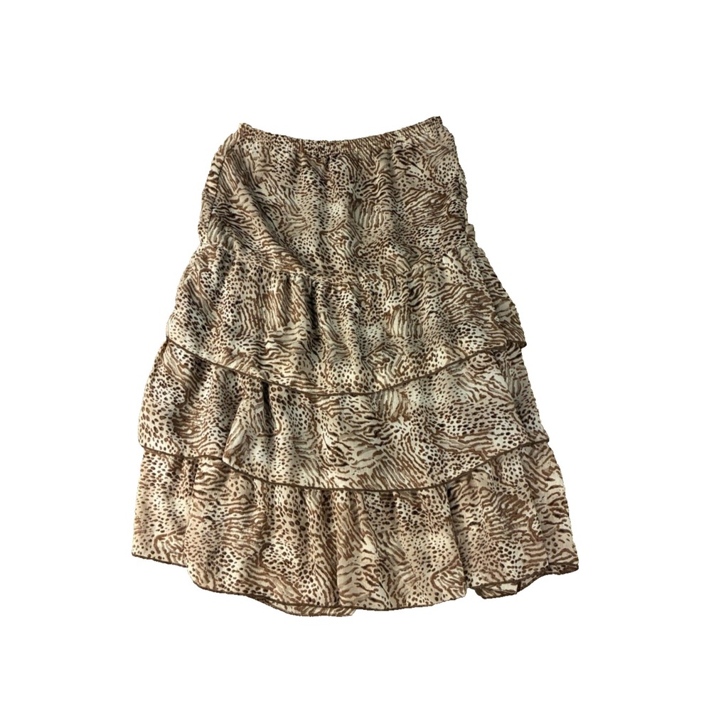 VTG Y2K Elementz Brown Animal Print Tiered Mini Skirt Elastic Waist Size M Indie